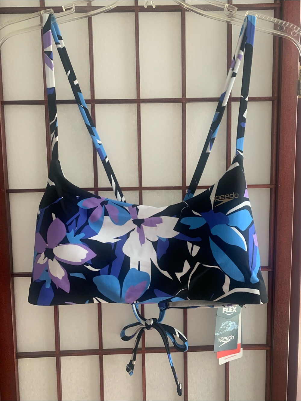 NWT Speedo Dazzling Blue/Purple/Black Floral Criss-Cross Bikini Swim Top Size L